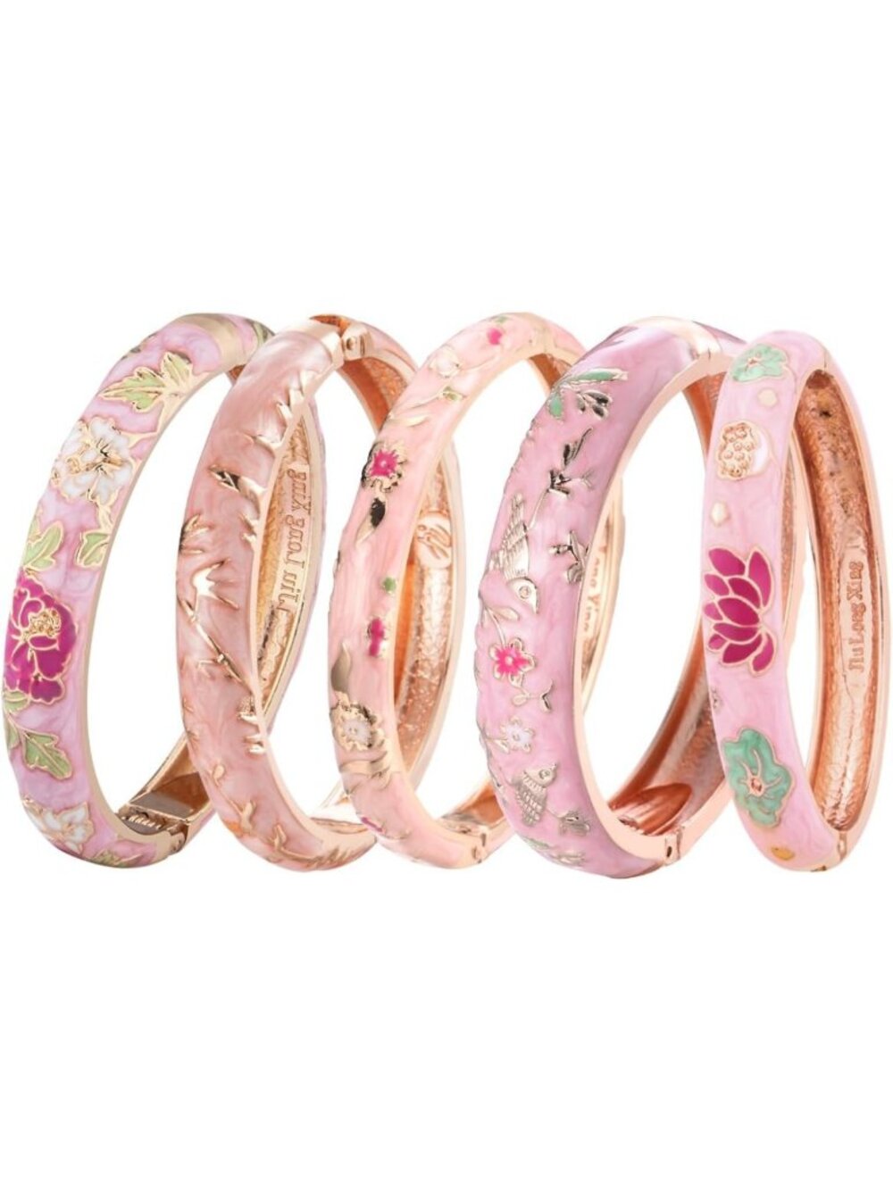 5 Pcs Enamel Cloisonne Bangles Set - Rose Flower Engraved Bracelets in Box